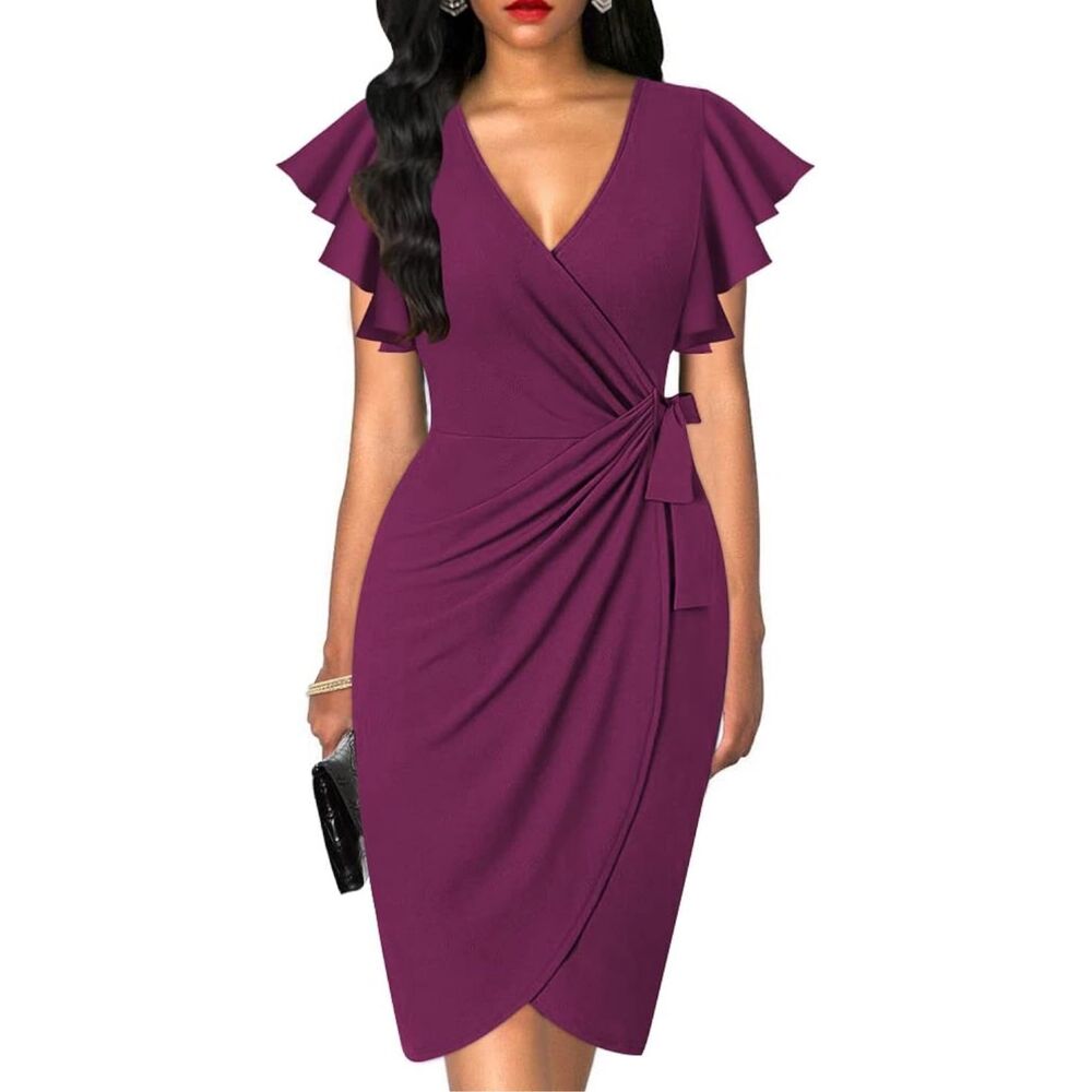 NEW Deep V Neck Sleeve Faux Wrap Formal Slit Pencil Dress 2X